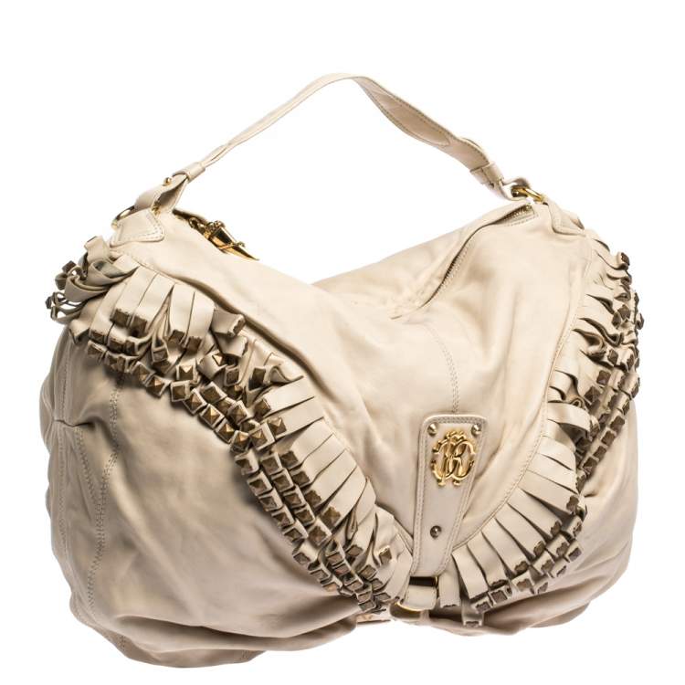 Pre Owned Roberto Cavalli Cream Leather Studded Fringe Hobo