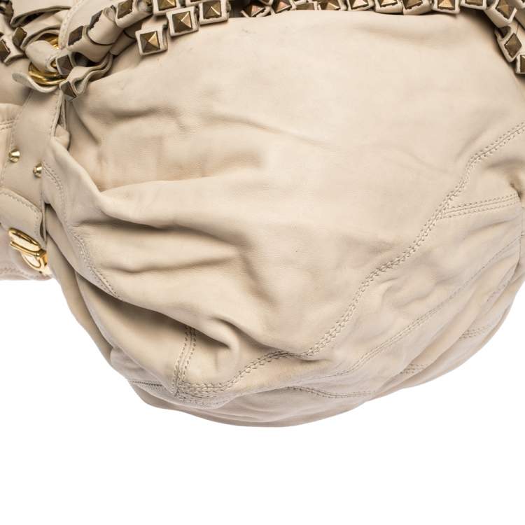 Pre Owned Roberto Cavalli Cream Leather Studded Fringe Hobo
