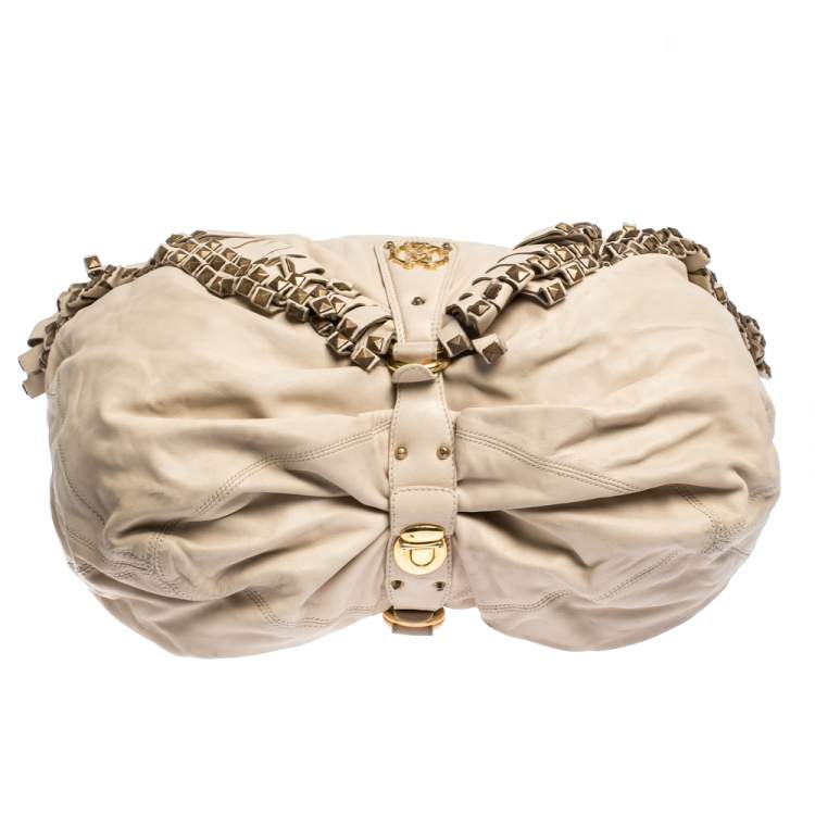 Pre Owned Roberto Cavalli Cream Leather Studded Fringe Hobo