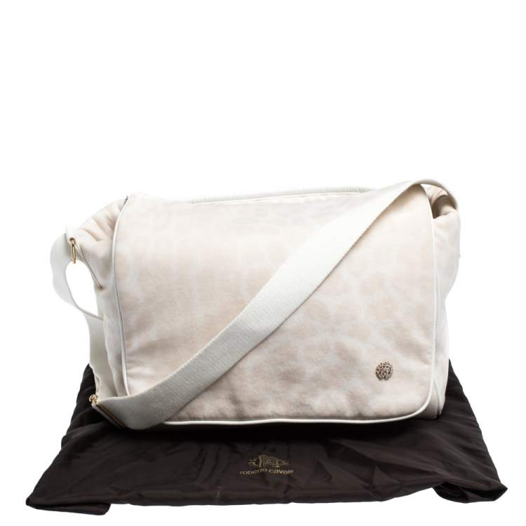 Pre Owned Roberto Cavalli Light Cream Leopard Print Cotton Flap Messenger Bag