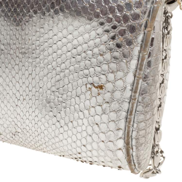 Pre Owned Roberto Cavalli Metallic Silver Snakeskin Serpent Chain Clutch