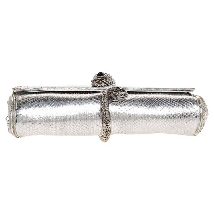 Pre Owned Roberto Cavalli Metallic Silver Snakeskin Serpent Chain Clutch