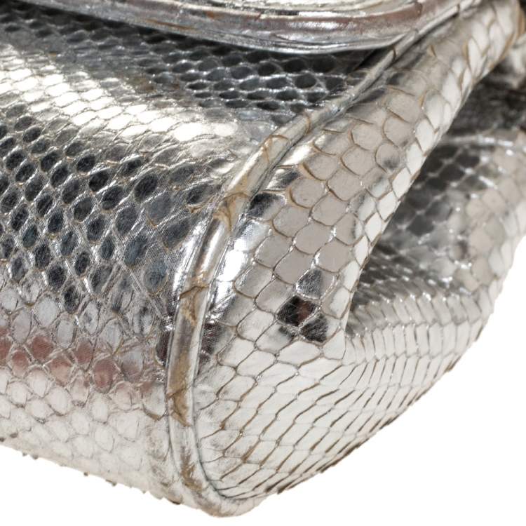 Pre Owned Roberto Cavalli Metallic Silver Snakeskin Serpent Chain Clutch