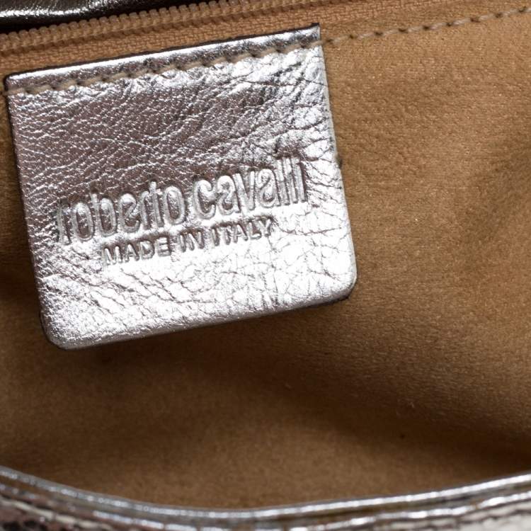 Pre Owned Roberto Cavalli Metallic Silver Snakeskin Serpent Chain Clutch