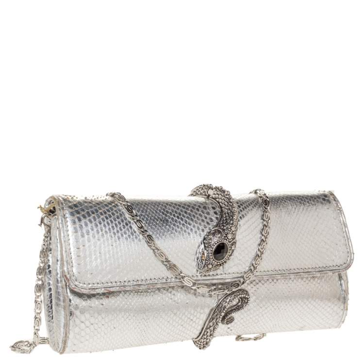 Pre Owned Roberto Cavalli Metallic Silver Snakeskin Serpent Chain Clutch