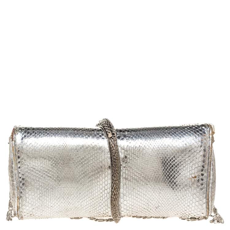 Pre Owned Roberto Cavalli Metallic Silver Snakeskin Serpent Chain Clutch