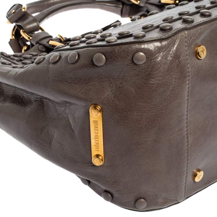مملوكة مسبقًا Roberto Cavalli Grey Leather Studded Satchel 