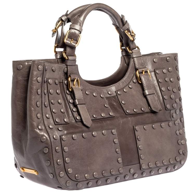 مملوكة مسبقًا Roberto Cavalli Grey Leather Studded Satchel 