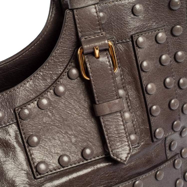 مملوكة مسبقًا Roberto Cavalli Grey Leather Studded Satchel 