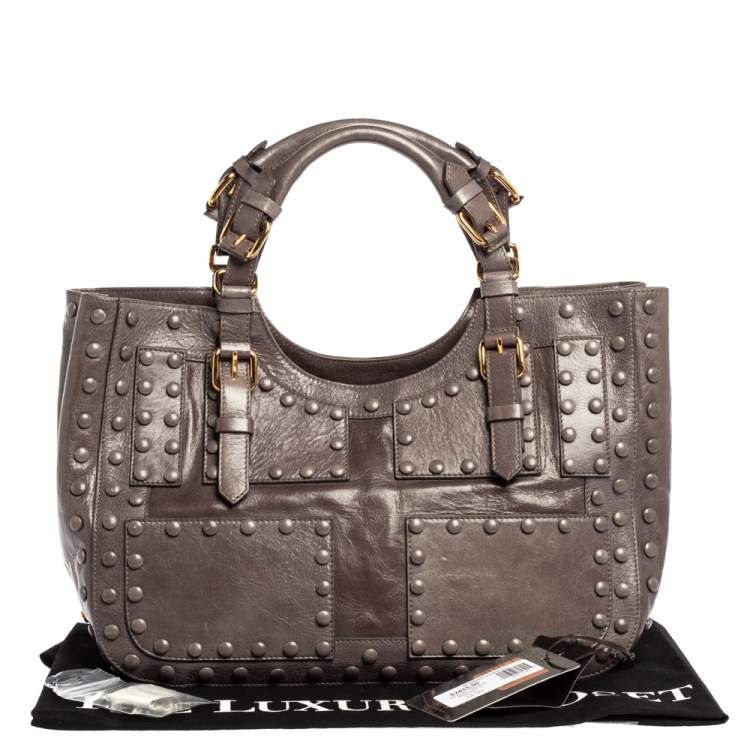 مملوكة مسبقًا Roberto Cavalli Grey Leather Studded Satchel 