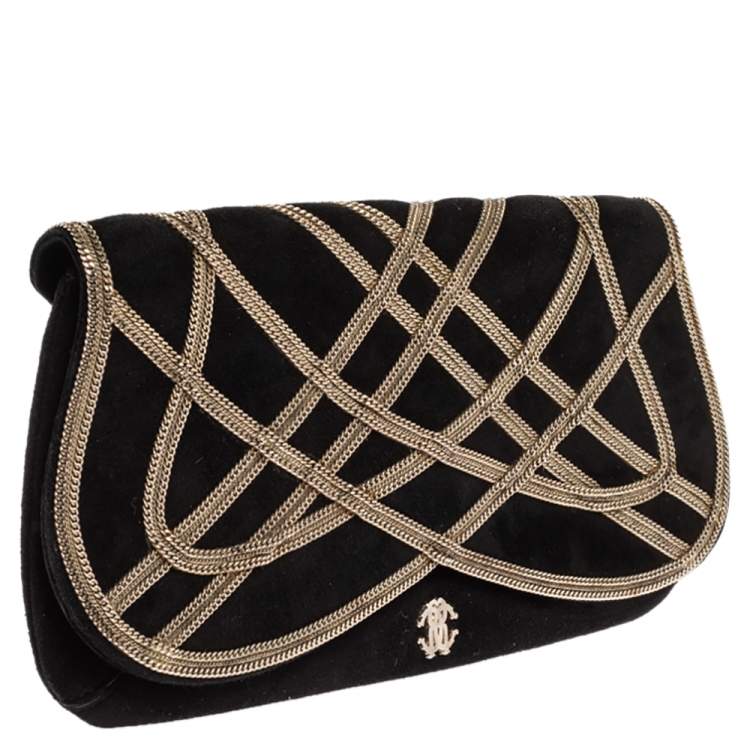 Pre Owned Roberto Cavalli Black Suede Chain Detail Clutch