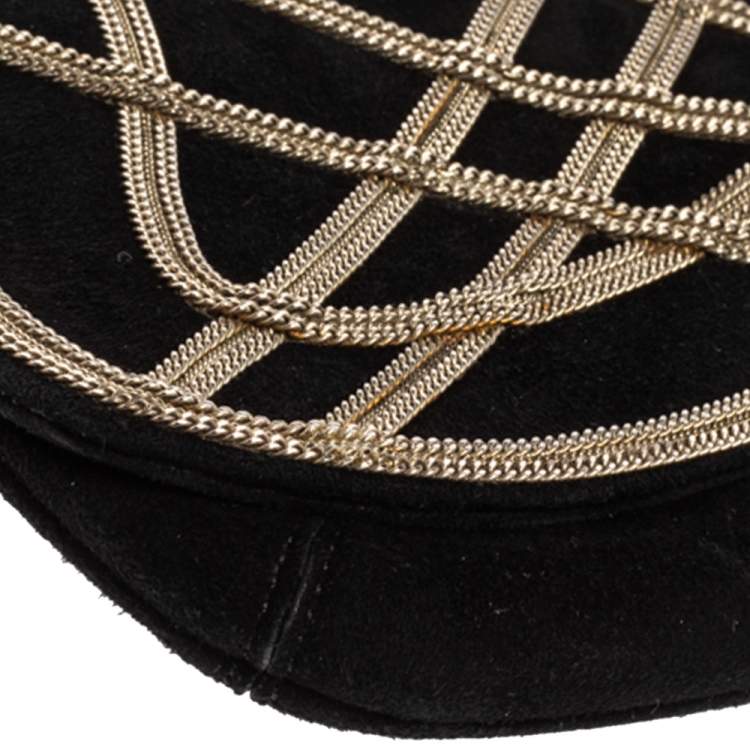 Pre Owned Roberto Cavalli Black Suede Chain Detail Clutch