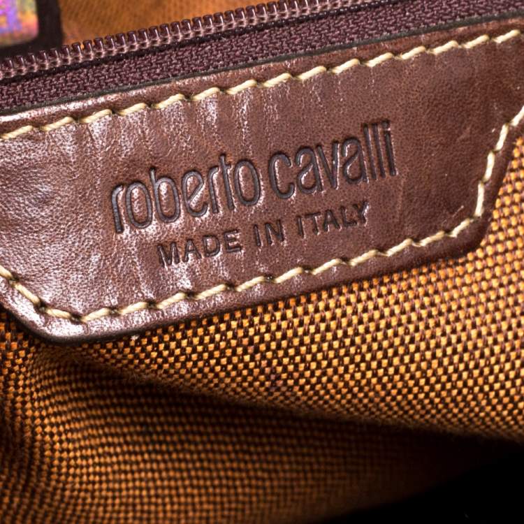 Pre Owned Roberto Cavalli Green/Brown Leopard Print Coated Canvas Zip Satchel