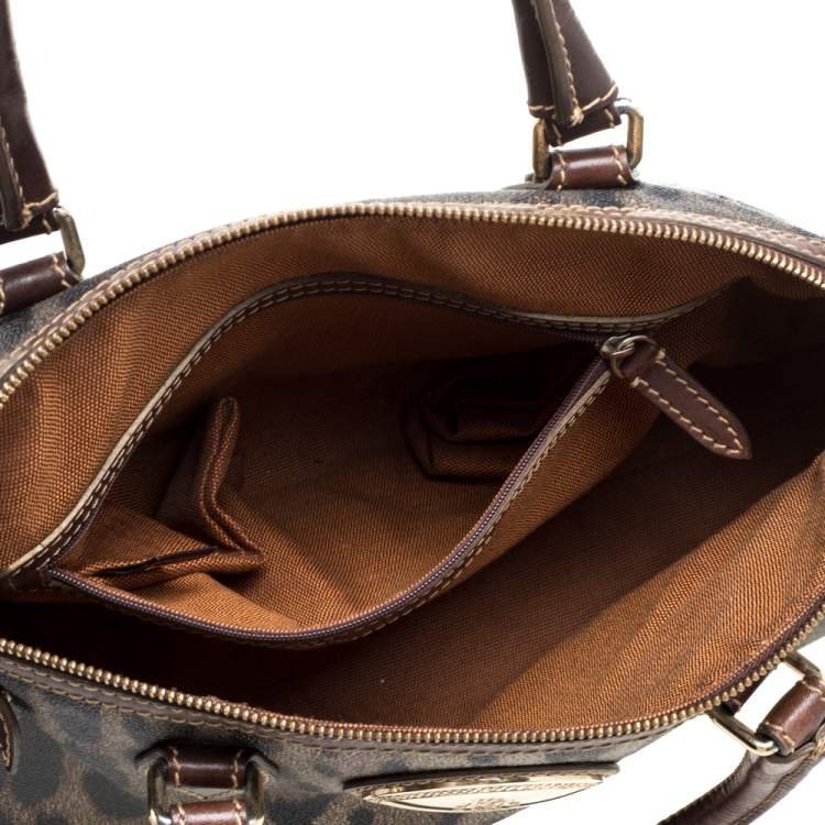 Pre Owned Roberto Cavalli Green/Brown Leopard Print Coated Canvas Zip Satchel