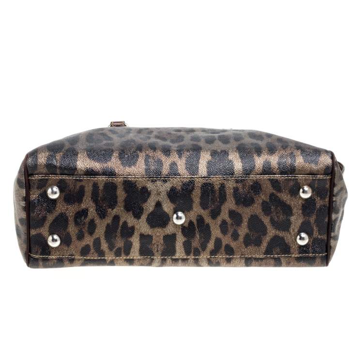 Pre Owned Roberto Cavalli Green/Brown Leopard Print Coated Canvas Zip Satchel