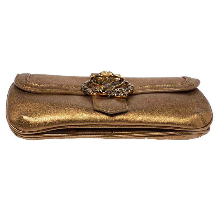 Pre Owned Roberto Cavalli Gold Leather Snake Metal Flap Baguette Shoulder Bag