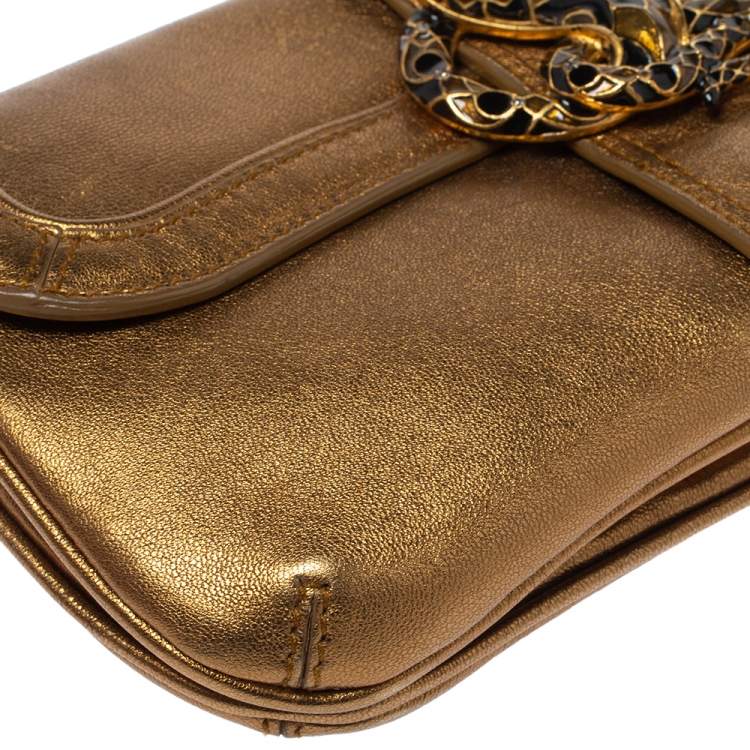 Pre Owned Roberto Cavalli Gold Leather Snake Metal Flap Baguette Shoulder Bag