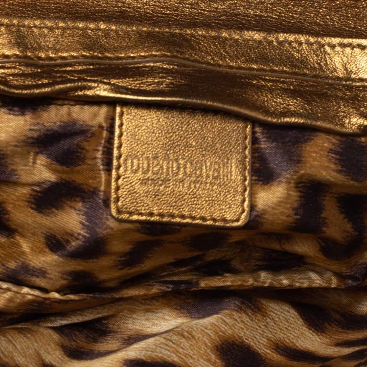Pre Owned Roberto Cavalli Gold Leather Snake Metal Flap Baguette Shoulder Bag