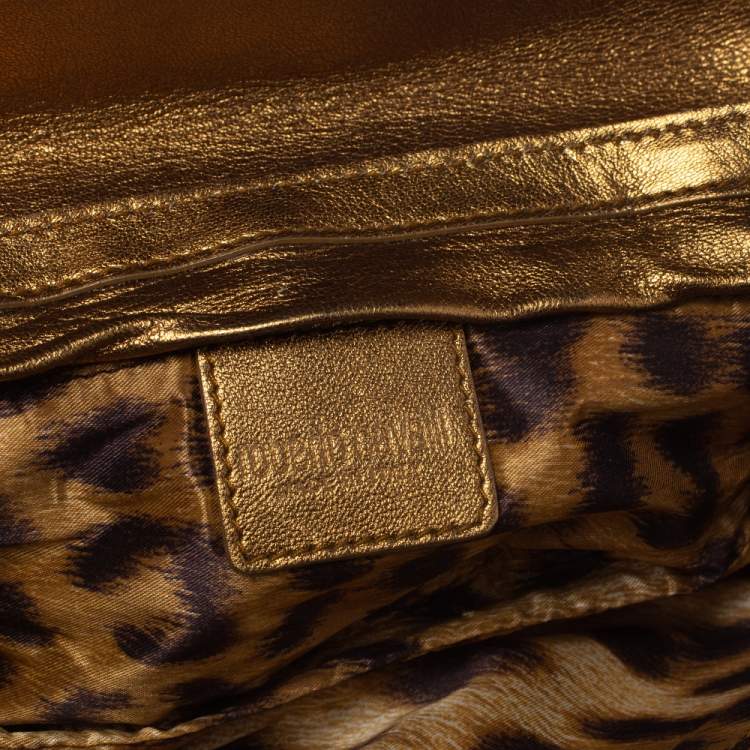 Pre Owned Roberto Cavalli Gold Leather Snake Metal Flap Baguette Shoulder Bag