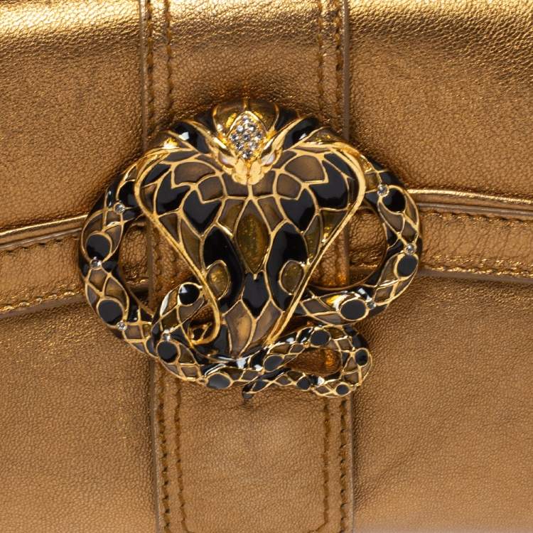 Pre Owned Roberto Cavalli Gold Leather Snake Metal Flap Baguette Shoulder Bag
