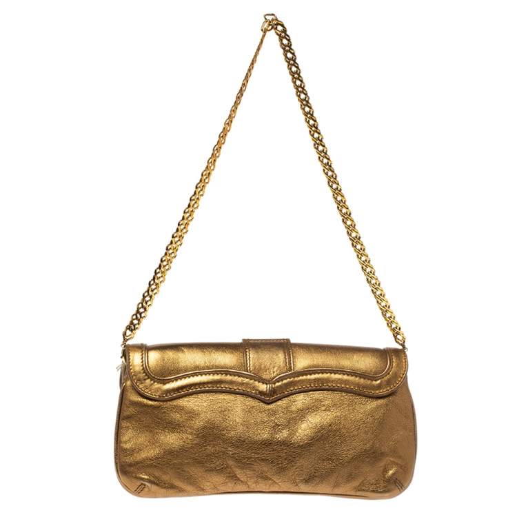 Pre Owned Roberto Cavalli Gold Leather Snake Metal Flap Baguette Shoulder Bag