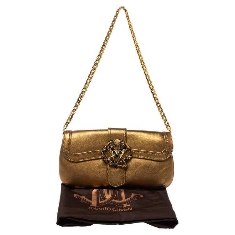 Pre Owned Roberto Cavalli Gold Leather Snake Metal Flap Baguette Shoulder Bag