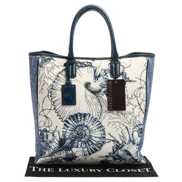 Pre Owned Roberto Cavalli Blue/White Printed Canvas and Leather Shopper Tote