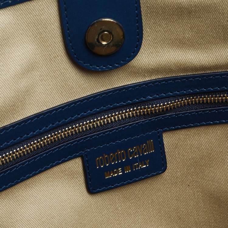 Pre Owned Roberto Cavalli Blue/White Printed Canvas and Leather Shopper Tote