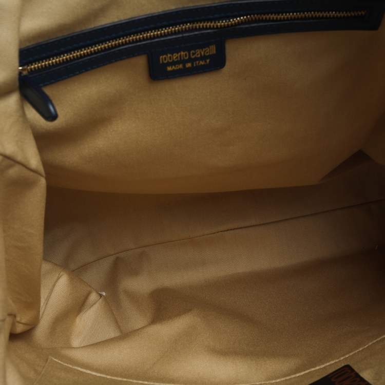 Pre Owned Roberto Cavalli Blue/White Printed Canvas and Leather Shopper Tote