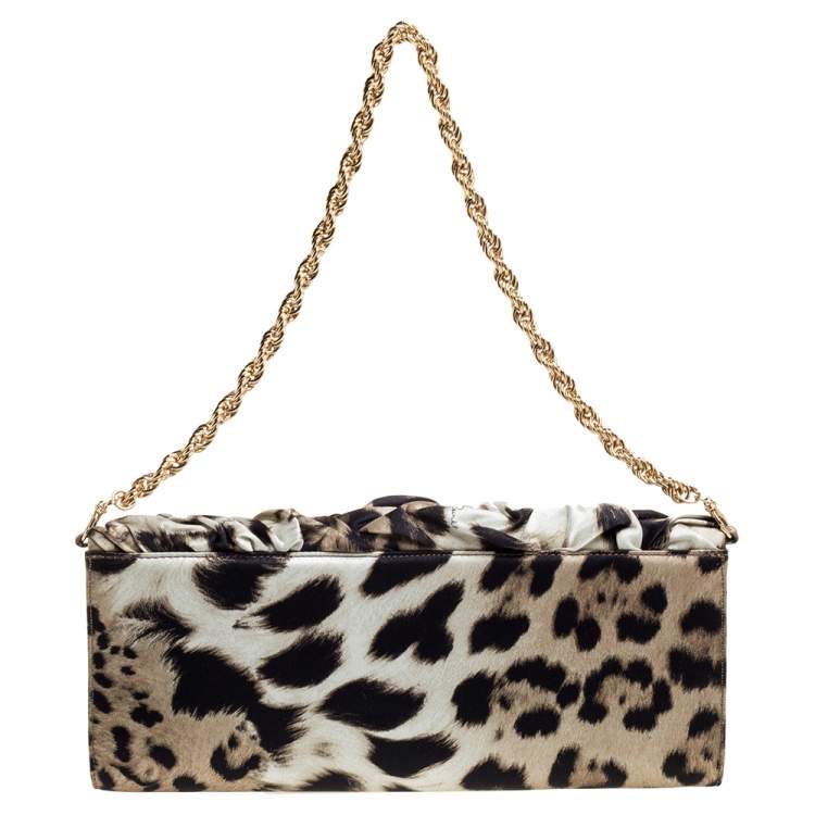 Pre Owned Roberto Cavalli Brown/Black Leopard Print Satin Pleated Chain Clutch