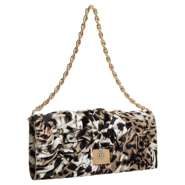 Pre Owned Roberto Cavalli Brown/Black Leopard Print Satin Pleated Chain Clutch