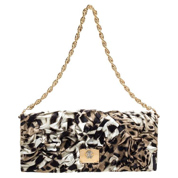 Pre Owned Roberto Cavalli Brown/Black Leopard Print Satin Pleated Chain Clutch