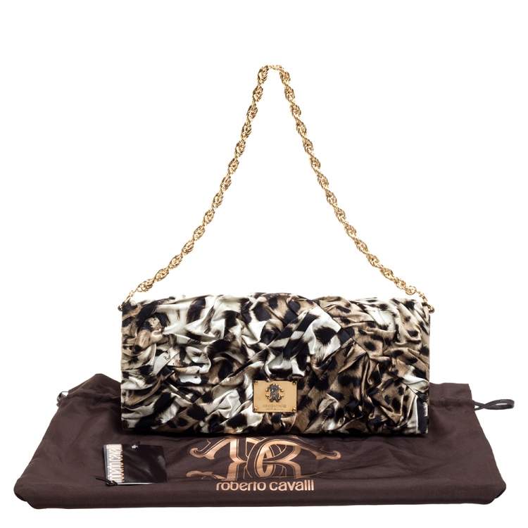 Pre Owned Roberto Cavalli Brown/Black Leopard Print Satin Pleated Chain Clutch