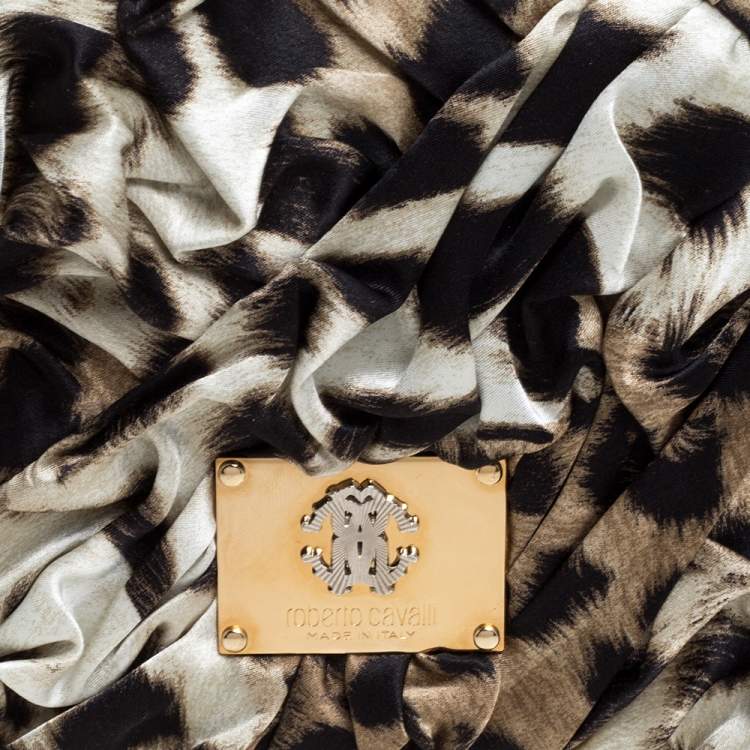 Pre Owned Roberto Cavalli Brown/Black Leopard Print Satin Pleated Chain Clutch