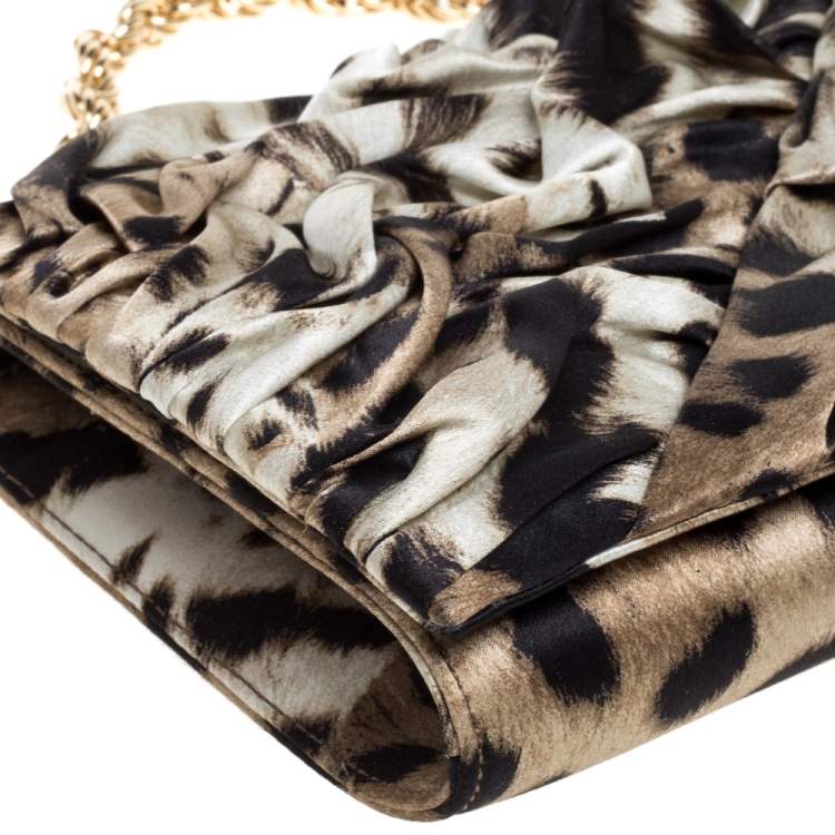 Pre Owned Roberto Cavalli Brown/Black Leopard Print Satin Pleated Chain Clutch