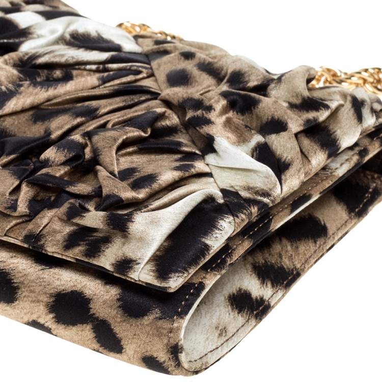 Pre Owned Roberto Cavalli Brown/Black Leopard Print Satin Pleated Chain Clutch