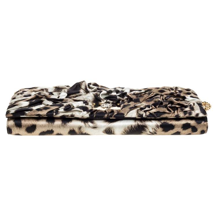 Pre Owned Roberto Cavalli Brown/Black Leopard Print Satin Pleated Chain Clutch