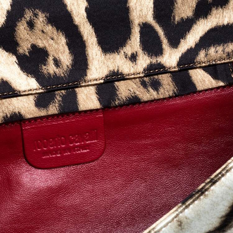 Pre Owned Roberto Cavalli Brown/Black Leopard Print Satin Pleated Chain Clutch