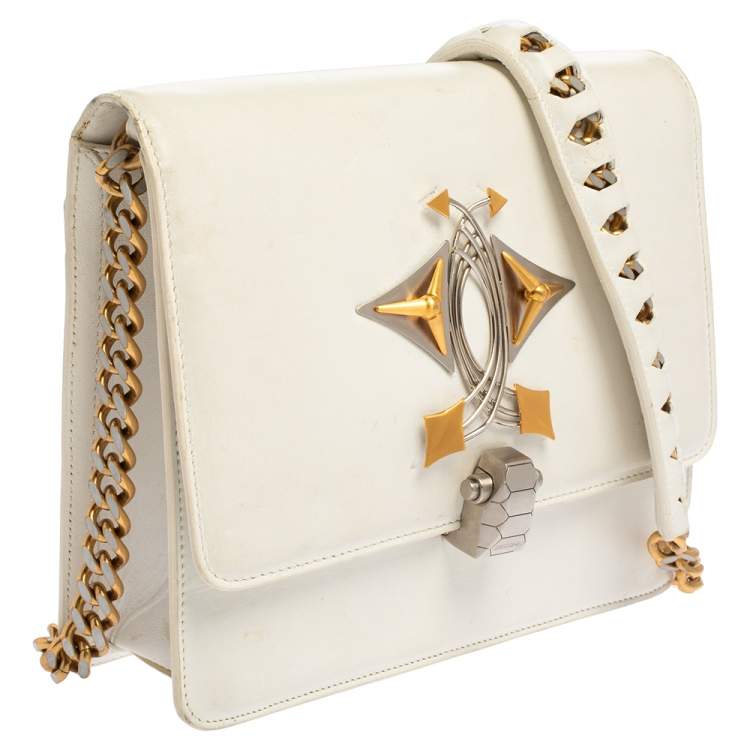Pre Owned Roberto Cavalli White Leather Flap Shoulder Bag