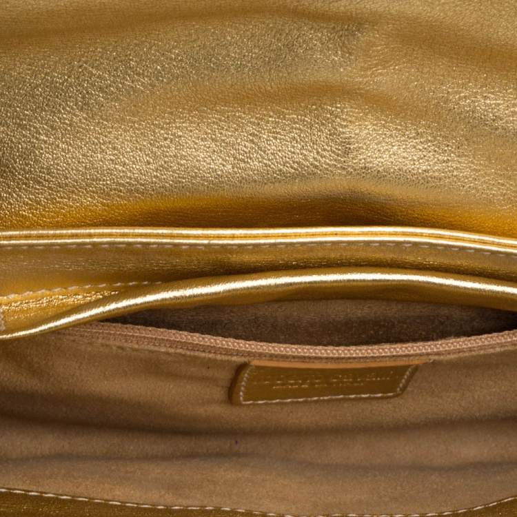 Pre Owned Roberto Cavalli Metallic Gold Leather and Croc Embossed Leather Chain Clutch