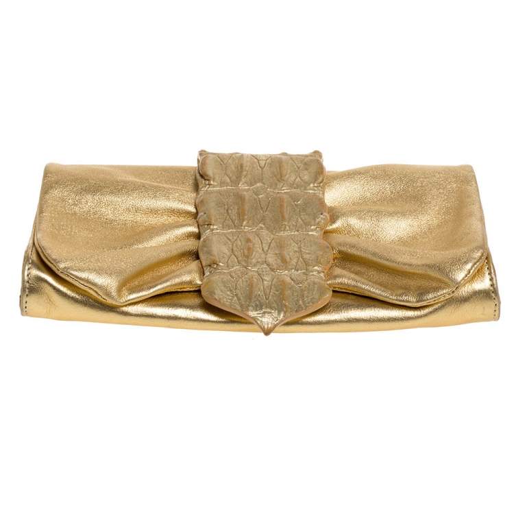 Pre Owned Roberto Cavalli Metallic Gold Leather and Croc Embossed Leather Chain Clutch