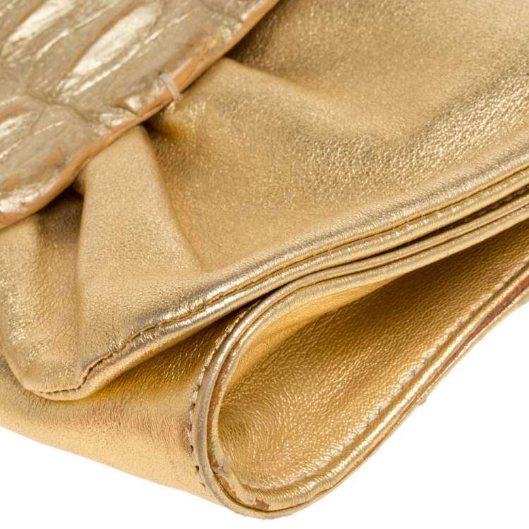 Pre Owned Roberto Cavalli Metallic Gold Leather and Croc Embossed Leather Chain Clutch