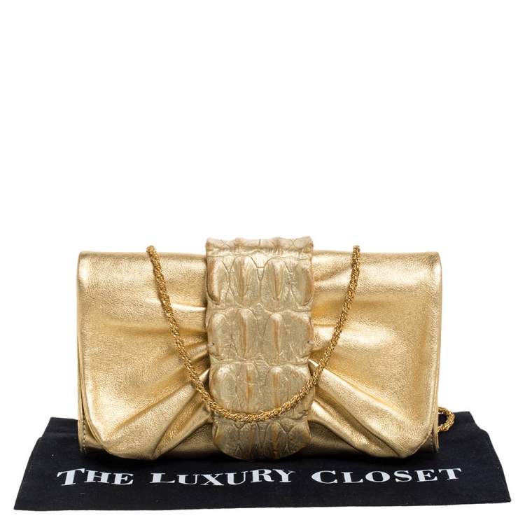 Pre Owned Roberto Cavalli Metallic Gold Leather and Croc Embossed Leather Chain Clutch