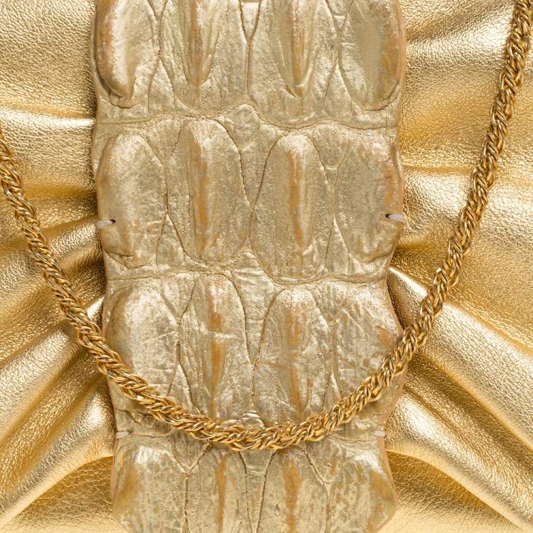 Pre Owned Roberto Cavalli Metallic Gold Leather and Croc Embossed Leather Chain Clutch