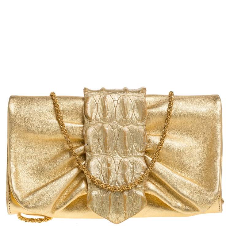 Pre Owned Roberto Cavalli Metallic Gold Leather and Croc Embossed Leather Chain Clutch