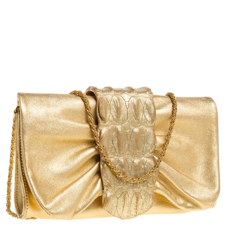 Pre Owned Roberto Cavalli Metallic Gold Leather and Croc Embossed Leather Chain Clutch