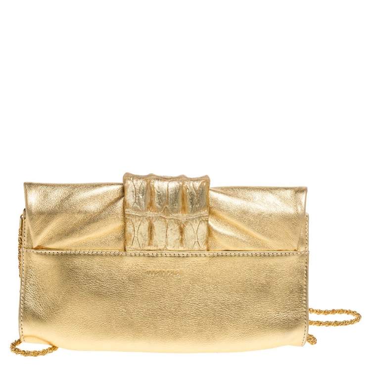 Pre Owned Roberto Cavalli Metallic Gold Leather and Croc Embossed Leather Chain Clutch
