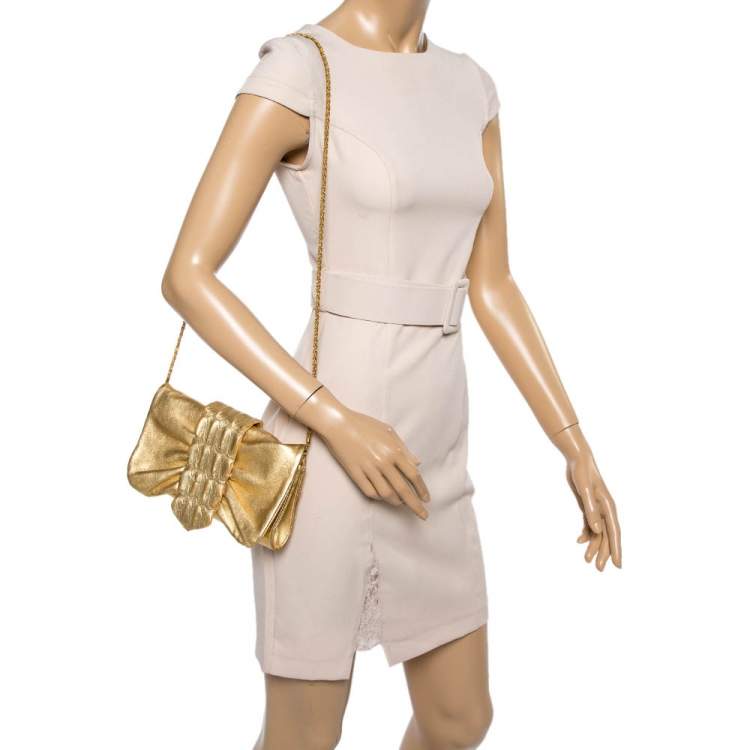 Pre Owned Roberto Cavalli Metallic Gold Leather and Croc Embossed Leather Chain Clutch