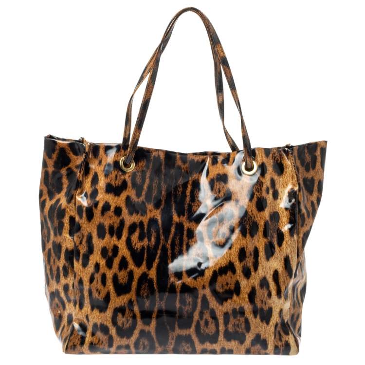 Pre Owned Roberto Cavalli Brown/Black Leopard  Print Patent Leather Tote