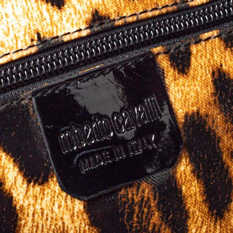 Pre Owned Roberto Cavalli Brown/Black Leopard  Print Patent Leather Tote